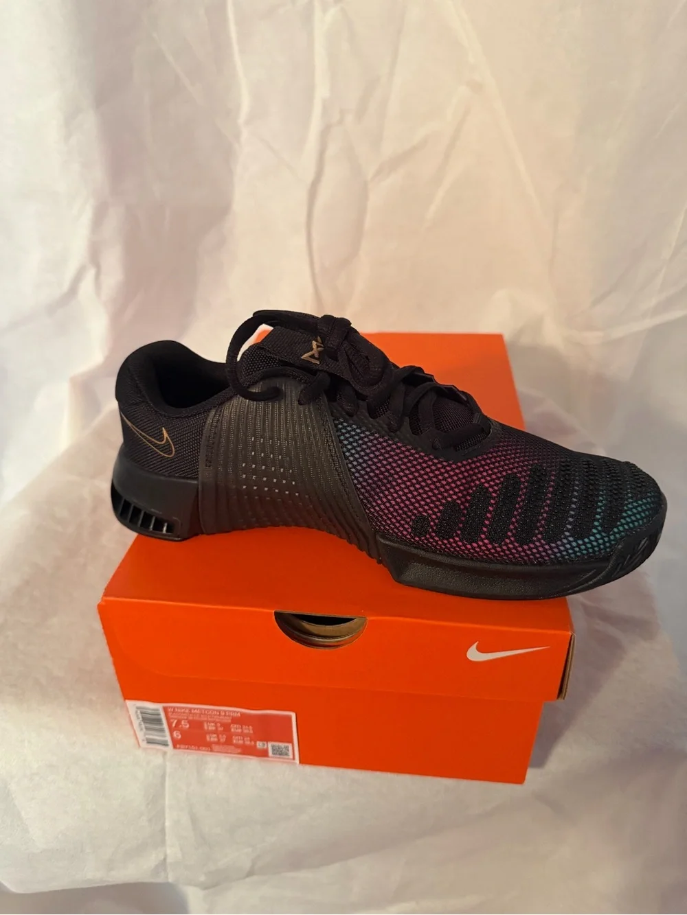 Nike women’s Black Iridescent Gradient Sneakers with Yellow Swoosh